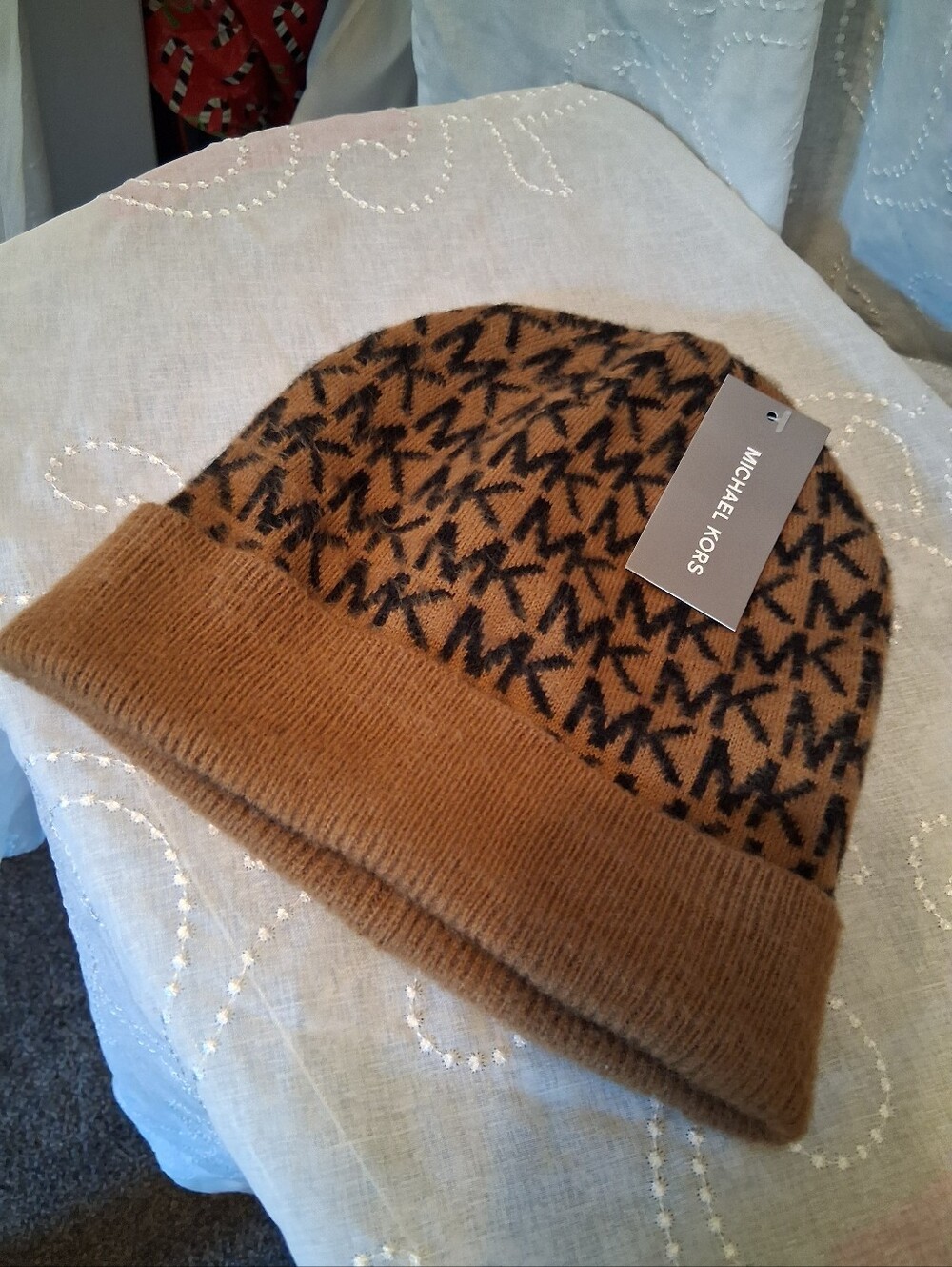 Michael Kors Camel and Black Logo Knit Beanie